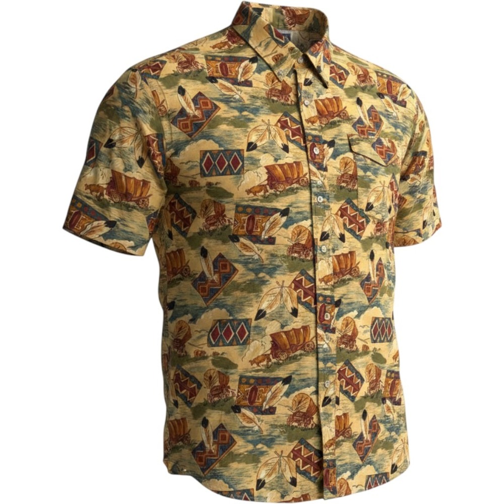 Panhandle Slim XXL Western Wagon Feather Print Button Down Shirt Short Sleeve